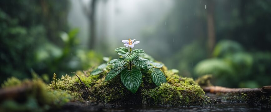 Delicate white flower with lush green leaves, surrounded by mossy log in misty rainforest. Raindrops fall
