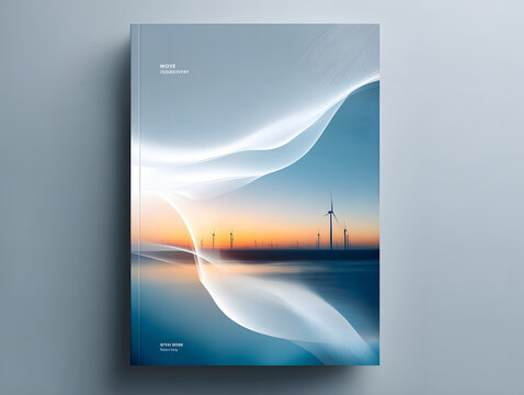 Modern wave energy composition featuring offshore wind turbine silhouette at sunset with soft flowing abstract overlays conveying sustainable power and calm mood