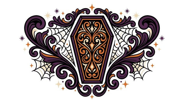 Elegant gothic coffin illustration with decorative swirls and spider webs