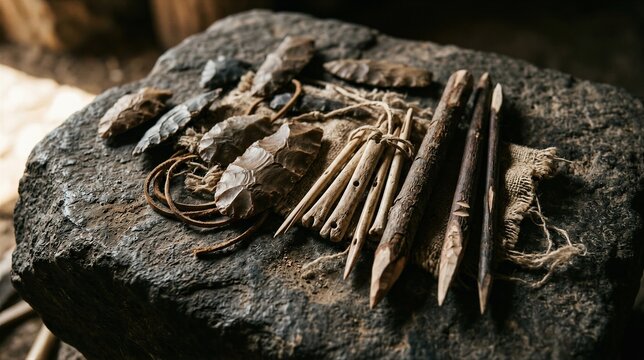 Primitive stone age tools and handmade hunting implements arranged on a rock. Archaeology, survival skills, ancient technology, anthropology, and prehistoric history concept.