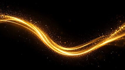 Abstract golden wave of liquid light with glowing particles flows across black background for luxury design needs. © MSBcollection