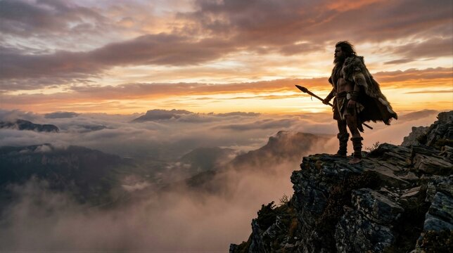Bearded prehistoric hunter standing on a mountain cliff with spear at sunset. Ancient warrior overlooking a misty valley. Adventure, survival, courage and wilderness concept.
