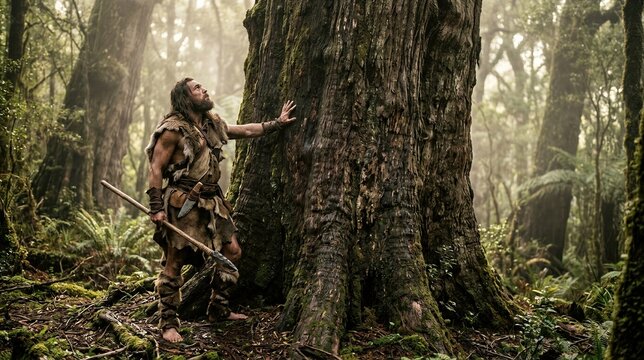 Bearded prehistoric hunter touching a giant tree in an ancient forest. Primitive survival, wilderness exploration, historical adventure, and connection with nature concept.