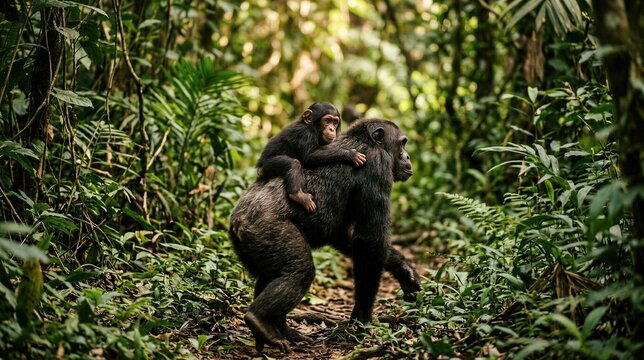 Chimpanzee carrying a baby through dense tropical rainforest. Wildlife behavior and parental care concept. Endangered species conservation and natural habitat