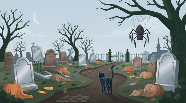 Spooky halloween graveyard scene with tombstones and a large spider hanging from a tree
