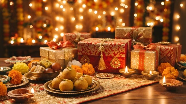 Diwali gift boxes with traditional sweets and oil lamps on festive background