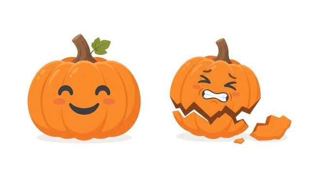 Cute cartoon pumpkins showing a happy face and a broken cracked face isolated on white background