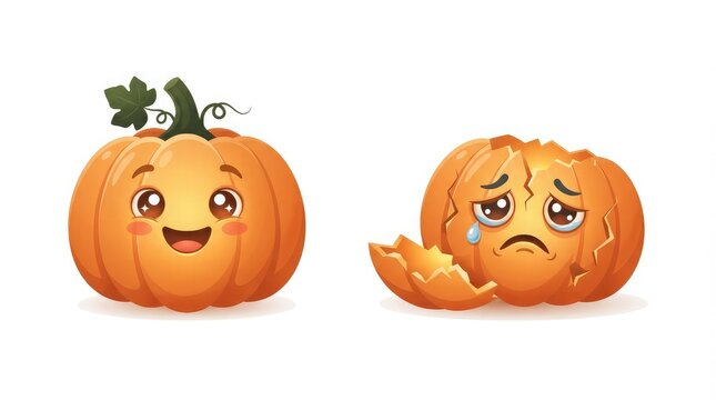 Two cute cartoon pumpkins with contrasting happy and sad facial expressions isolated on a white background