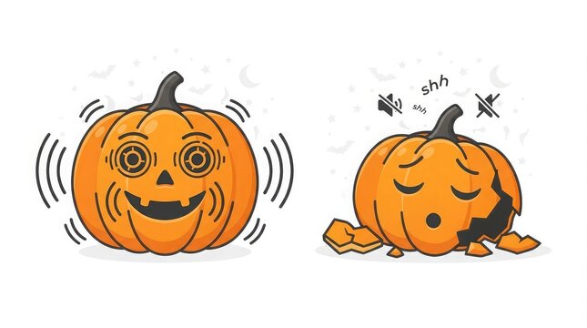 Two watercolor pumpkins depicting happy and sleepy emotions with expressive faces and whimsical details for autumn celebrations