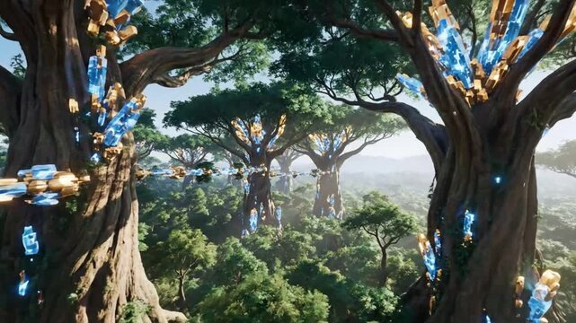 Futuristic alien forest with glowing crystals and connected structures during daytime showcasing an ethereal landscape