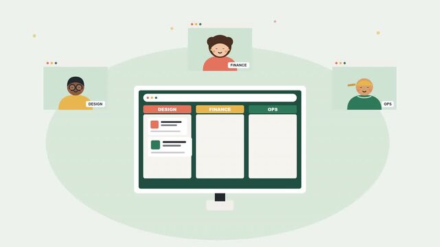 Remote team collaboration animation with design finance and ops departments managing tasks on computer screen for workflow