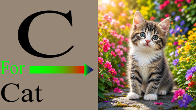 Alphabet education flashcard with uppercase letter c and cute tabby kitten sitting.