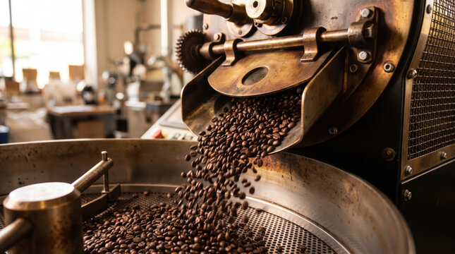 Coffee roasting bean roaster machine metal drum factory brown artisan coffee roasting bean roaster machine pours fresh brown bean from metal drum warm factory workshop with industrial craft