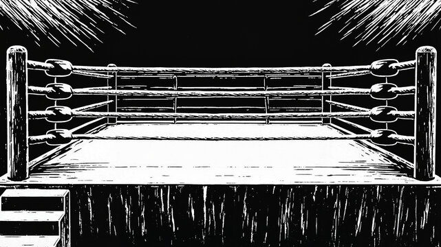 Black-and-white boxing ring, engraving, stage lighting, for competitions and matches.