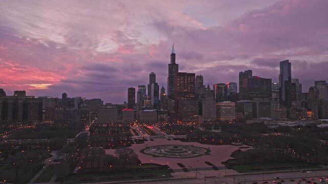 Chicago Skyline and Grant Park at Dramatic Pink Sunset