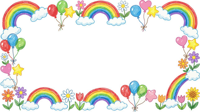 Rainbows clouds balloons and flowers cute crayon frame vector illustration