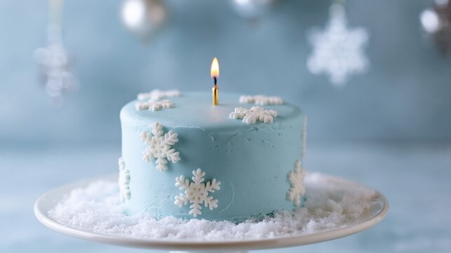 The Blue Snowflake Cake on a Frosty White Plate With Candlelight