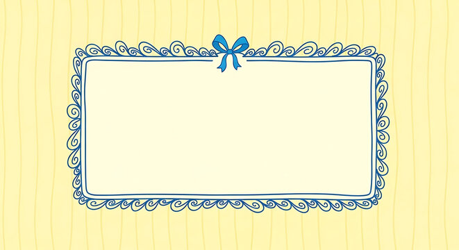 Cute decorative frame with a blue bow and handdrawn illustration on a yellow background with wavy lines for invitations