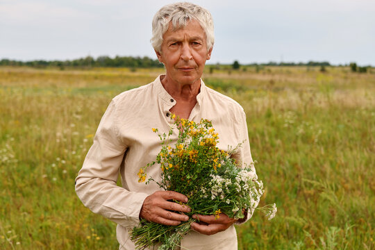 An elder man gathers medicinal herbs in a grassy field. He holds a bunch of white and yellow flowers as he stands among green plants and tall grass