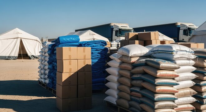 Humanitarian aid packages stacked near transport trucks and shelter tents in bright sunlight, creating a scene of relief and ample copy space, relief, materials, delivery