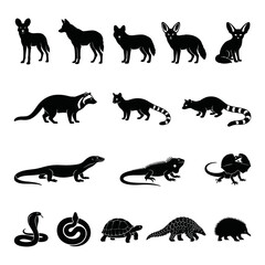 Fototapeta premium Silhouettes Of Various Wild Animals A Black Vector Illustration