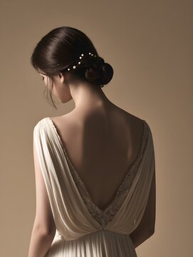 Elegant woman with dark hair styled in an intricate bun wearing a delicate white dress with lace back detail soft lighting