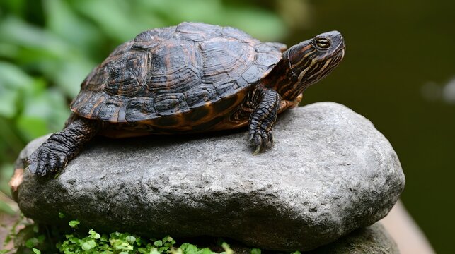 A turtle rests on a smooth gray rock surrounded by green foliage and calm water in natural daylight