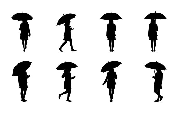 Silhouette Figures with Umbrellas, Diverse Poses, Black on White Vector Set, Weather Protection Icons, Rainy Day People Collection