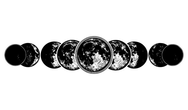Vintage stipple moon phases vector set showing lunar cycle from crescent to full in classic engraving style