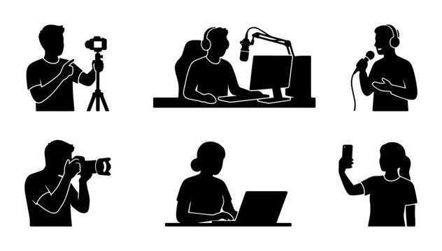 Content Creator Silhouettes: Vlogger, Podcaster, Photographer, Gamer, Influencer, Selfie Taker Vector Icons