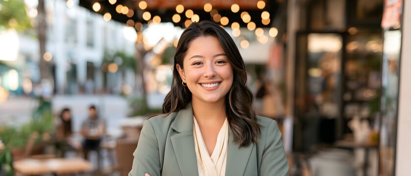 Professional young woman with dark hair wearing sage green blazer smiling brightly while standing outdoors during golden evening sunset light
