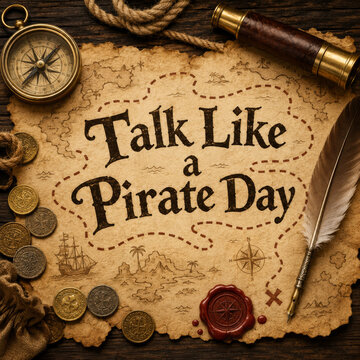 Talk Like a Pirate Day Vintage Map with Compass and Nautical Decor