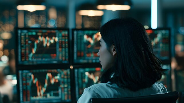 Focused woman analyzing complex financial stock market data on multiple glowing computer monitors during deep night work at modern office