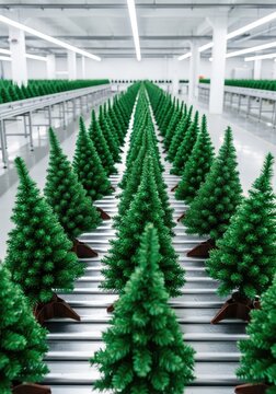 Row after row of small green artificial Christmas trees move along a metallic conveyor belt in a bright, modern manufacturing facility, process, uniform, winter