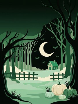 Halloween night forest scene with pumpkins and a crescent moon over a small house