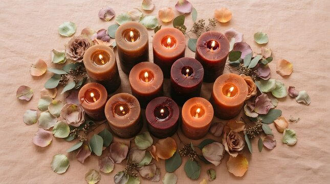 Group of lit scented candles surrounded by rose petals and eucalyptus leaves