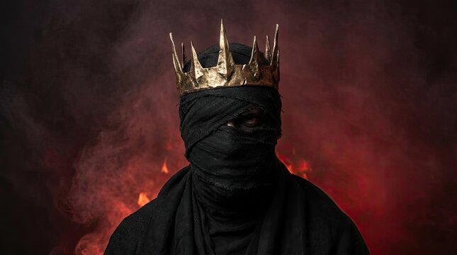 Masked figure wearing gold crown in red smoke.