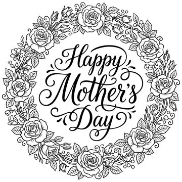 Happy mothers day calligraphy in rose floral wreath with calligraphy lettering circular greeting celebration illustration monochrome