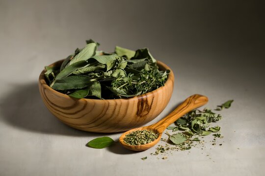 A wooden bowl overflowing with fresh and dried herbs, including sage and thyme, with a wooden spoon holding dried herbs on a light-colored surface.