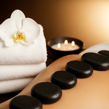 Luxury Hot Stone Massage Therapy with Volcanic Basalt Stones and White Orchid in Spa Wellness Center - Created with Generative AI