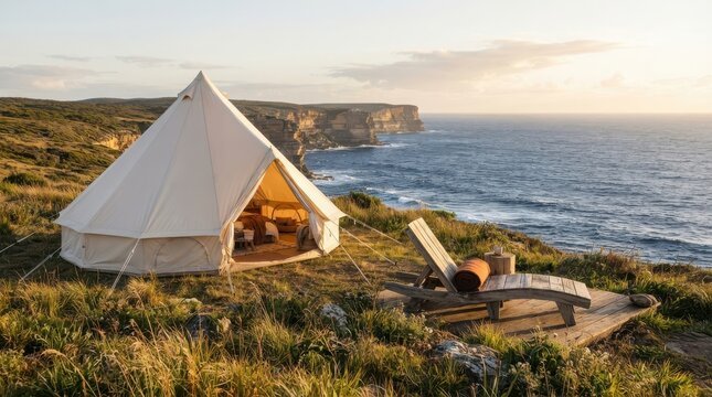 Luxury glamping tent with a wooden deck overlooking the ocean cliff at sunset for a relaxing summer vacation getaway