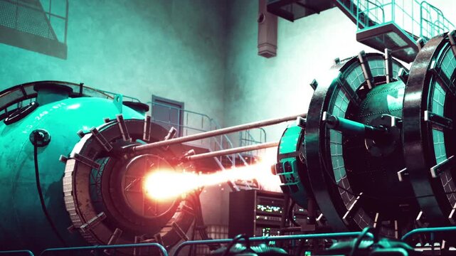 A workshop scene shows large machinery in operation. Some machinery has bright lights and machines are surrounded by various tools. The setting is industrial and functional.
