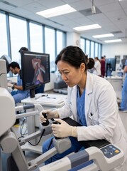 Fototapeta premium East Asian Surgical Trainee Using Haptic Feedback Simulator