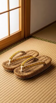 Traditional woven sandals rest neatly on a straw tatami mat beside a paper shoji screen door, capturing a peaceful and minimalist interior, traditional, heritage, cultural