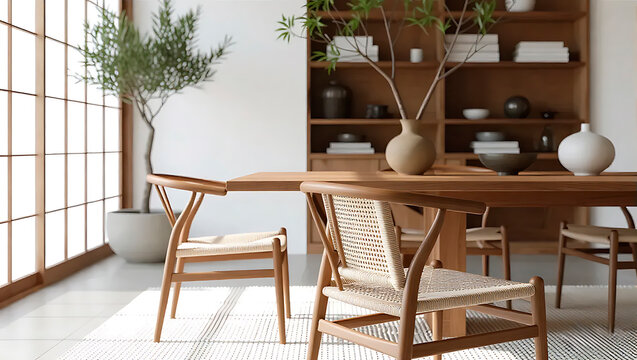 Japandi style dining area with minimalist design, featuring a wooden table and chairs with woven seats, organic decor, and a shoji screen, creating a serene and modern interior