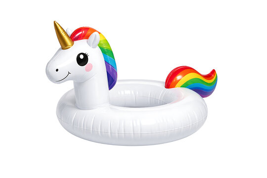 Inflatable rainbow unicorn pool float toy isolated on a transparent background for summer vacation concept graphics, party invitations, and beach resort ads.