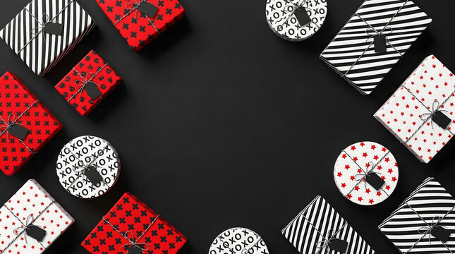 Patterned Gift Boxes with Stars and Stripes on Black Background; Top View Flat Lay with Copy Space for Black Friday Sale or Shopping Sale Banner.
