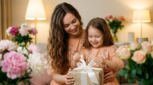 A mother and daughter smiling while opening a gift box together in a cozy room