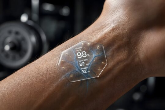 Futuristic wearable health sensor on wrist monitoring fitness metrics in gym environment with copy space