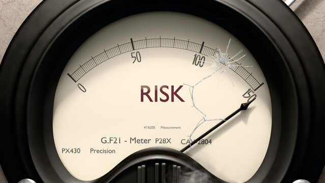 Risk meter showing high levels of risk. Dangerously increasing values of risk, critical overload. Too much, off the charts. Max risk ,3d illustration